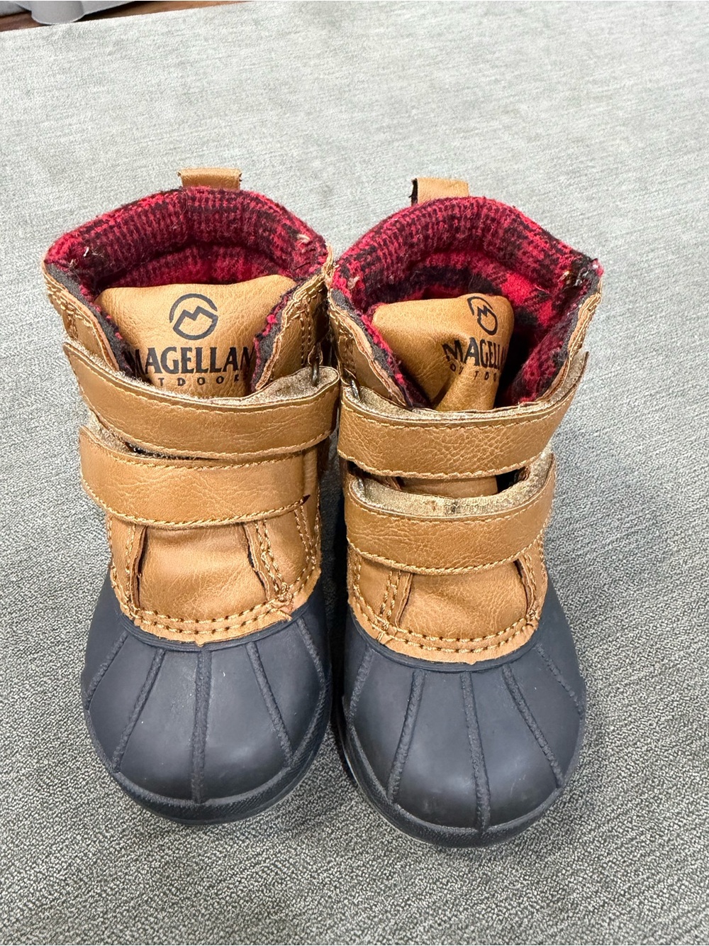 Magellan Outdoors Tan & Black Kids Waterproof Winter Boots with Red Plaid Lining
